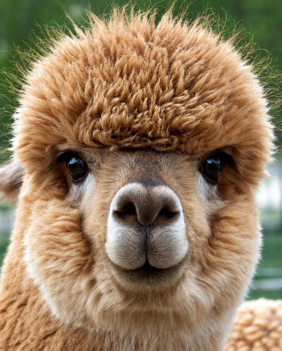 Close-up of an alpaca's fluffy face and short pointed ears