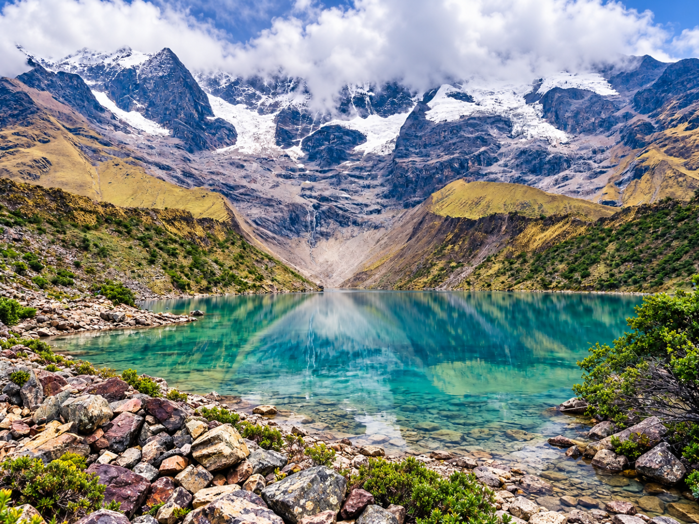 Turquoise Humantay Lake below the Humantay glacier near Cusco, Peru