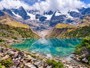 Turquoise Humantay Lake below the Humantay glacier near Cusco, Peru