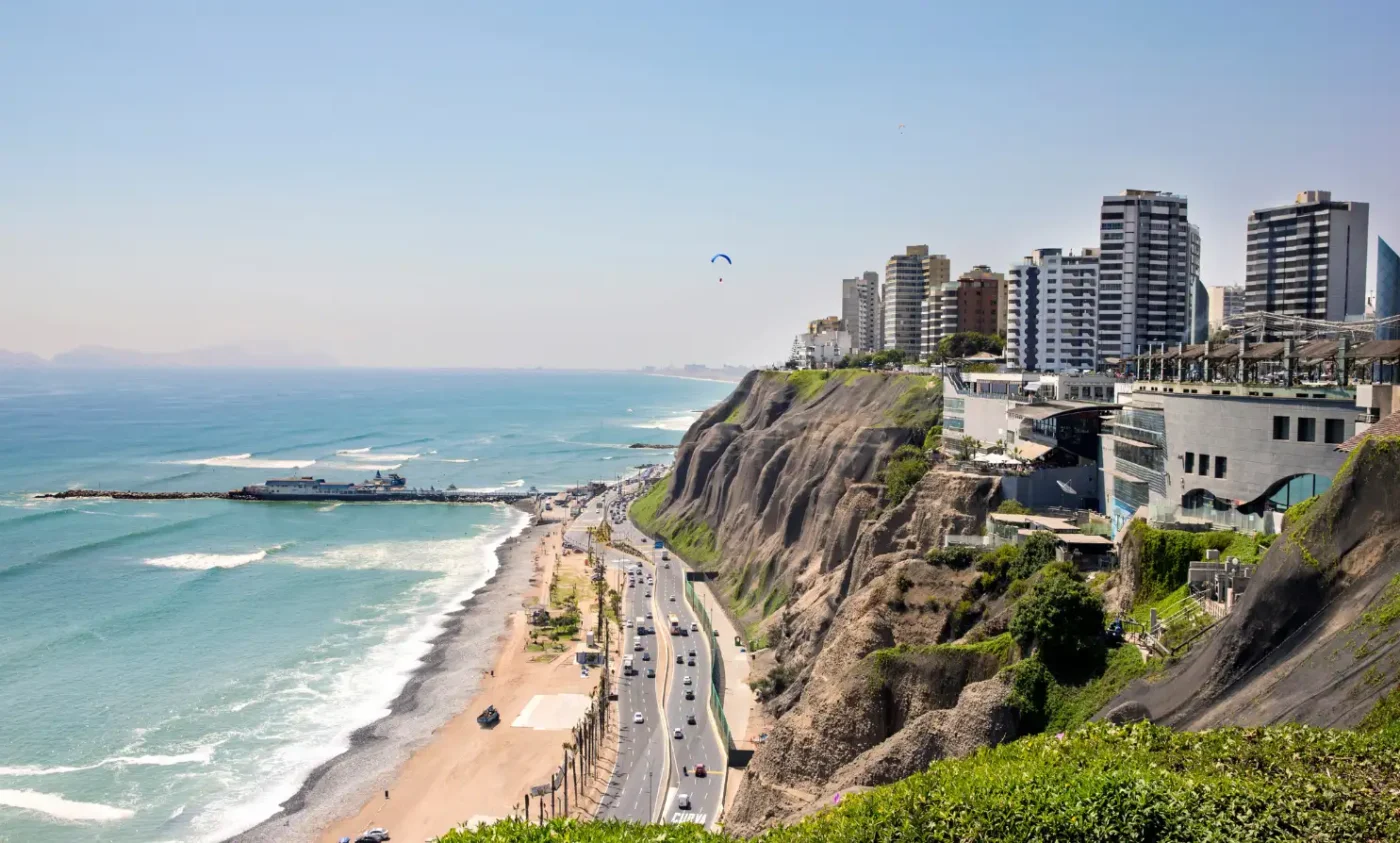 Clifftop park in Miraflores, Lima, on a sunny spring day