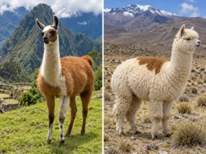 A llama and an alpaca side by side in the Andes of Peru