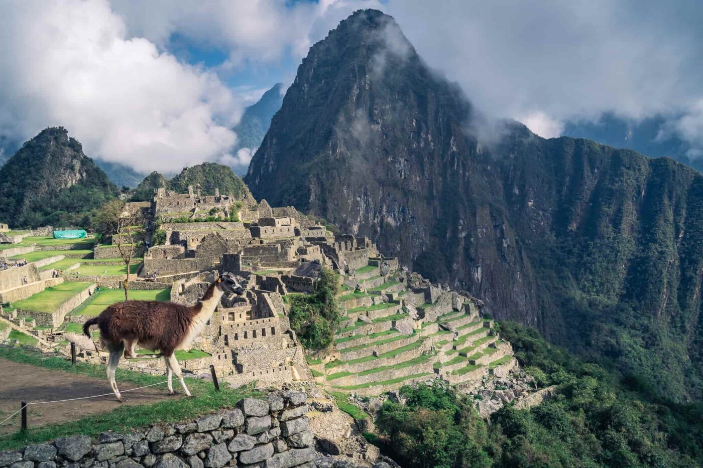 Machu Picchu with low clouds during the rainy season