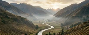 Inca terraces and the Urubamba River in the Sacred Valley, Peru